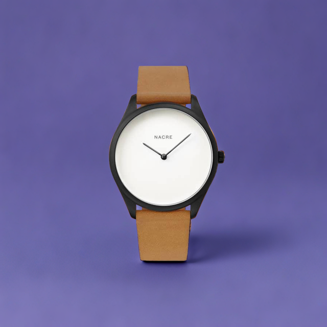 Lune Watch - Pearlized Dial Matte Black - Natural Leather