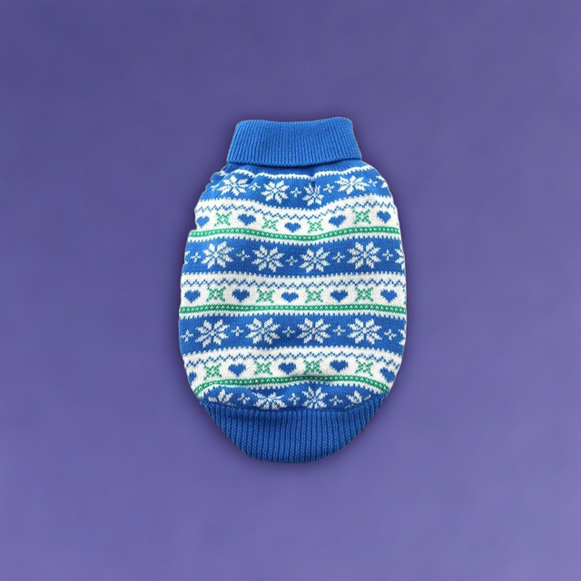 Combed Cotton Snowflake and Hearts Pet Sweater - Blue