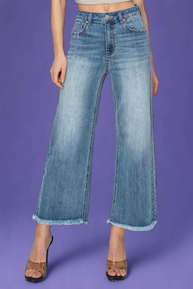 RISEN Raw Hem Cropped Wide Leg Jeans