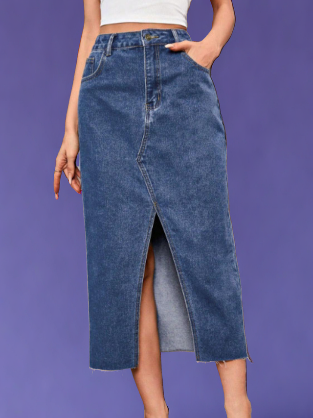 Slit Midi Denim Skirt with Pockets