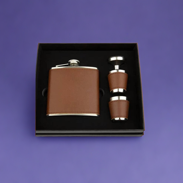 Faux Leather Wrapped Flask Set