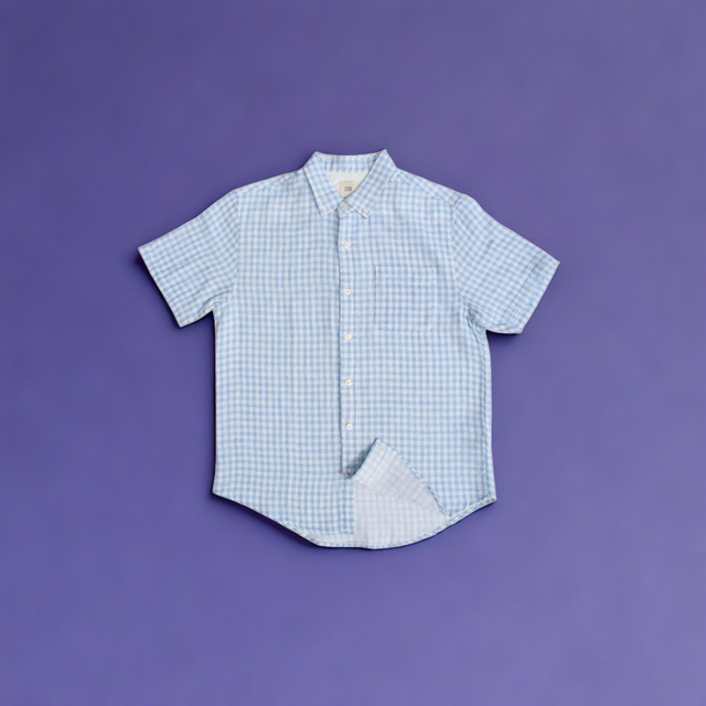 Light Blue Gingham Double Cloth Cotton Shirt