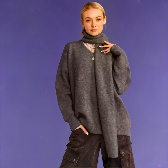 V-Neck Dropped Shoulder Sweater with Scarf Set