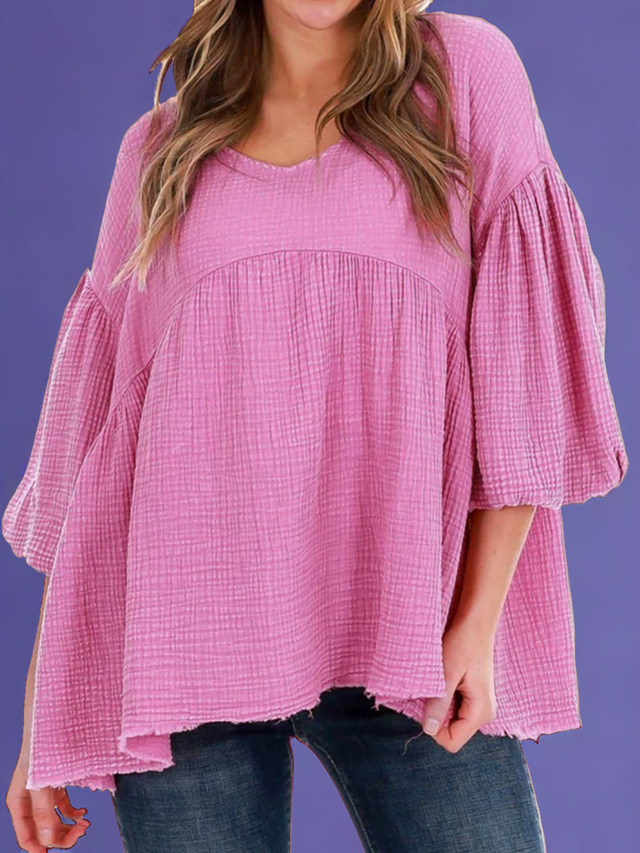 Lantern Sleeve Round Neck Blouse