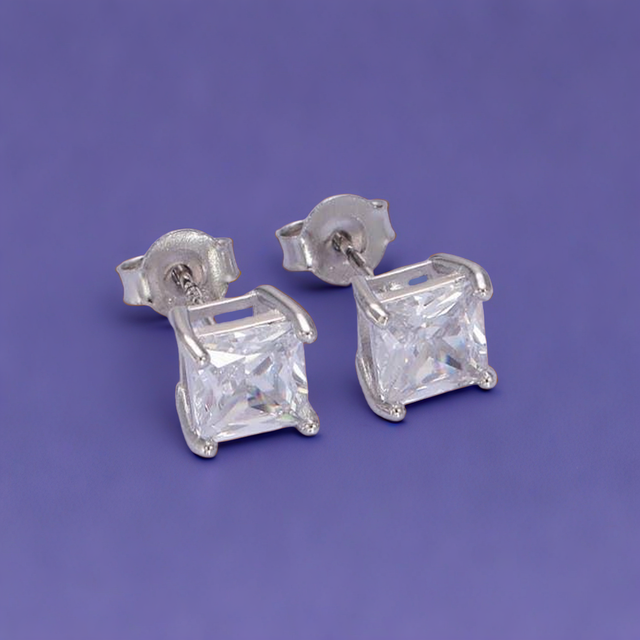 S925 Sterling Silver Baguette Square Stud Earrings