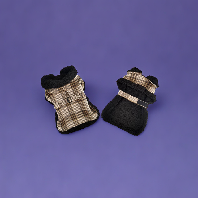 Sherpa-Lined Pet Harness Coat - Brown & White Plaid