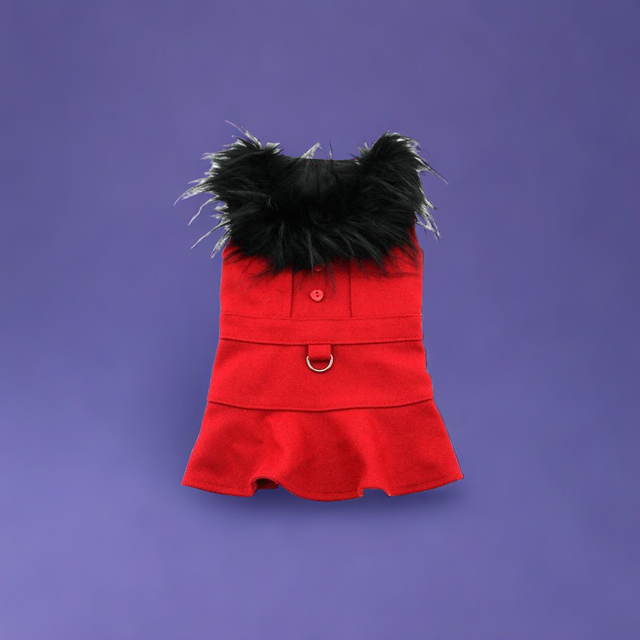 Wool Fur-Trimmed Dog Harness Coat - Red