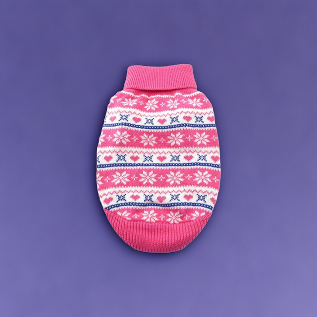 Combed Cotton Snowflake and Hearts Pet Sweater - Pink