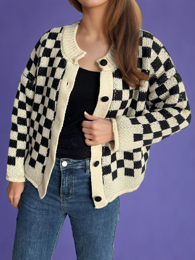 Checkered Button Up Round Neck Cardigan