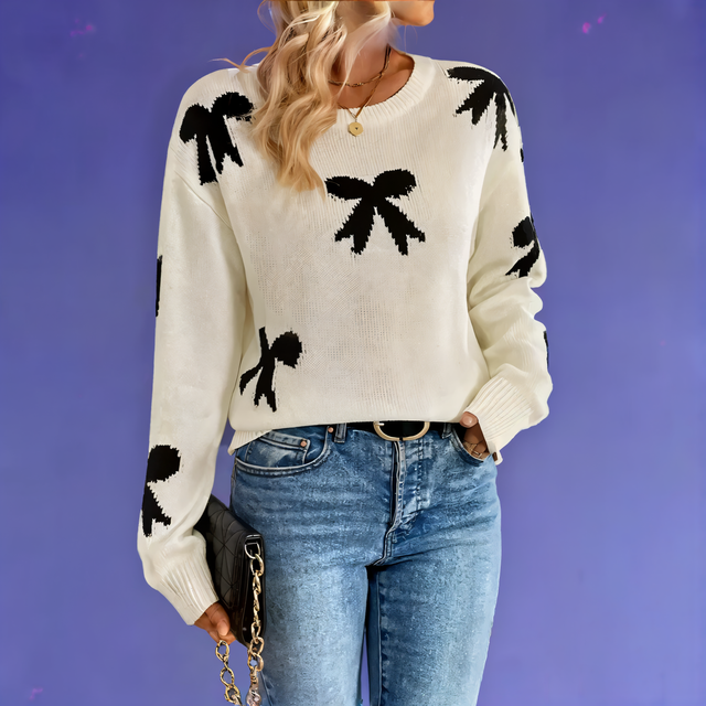 Bow Graphic Round Neck Long Sleeve Sweater