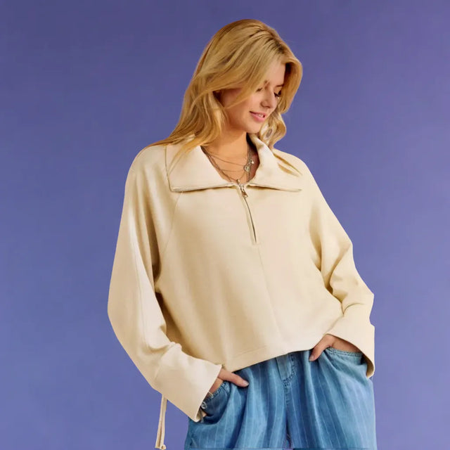 Drawstring Hem Half Zip Raglan Sleeve Sweatshirt