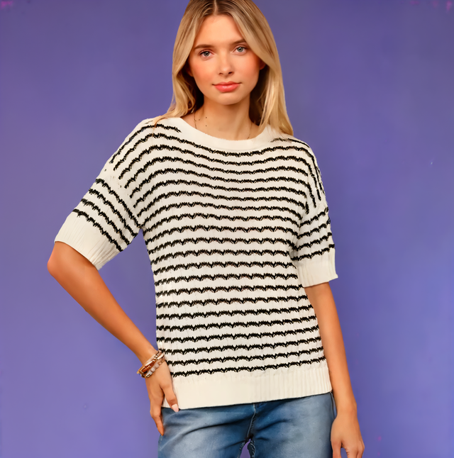 Haptics Openwork Striped Round Neck Half Sleeve Knit Top