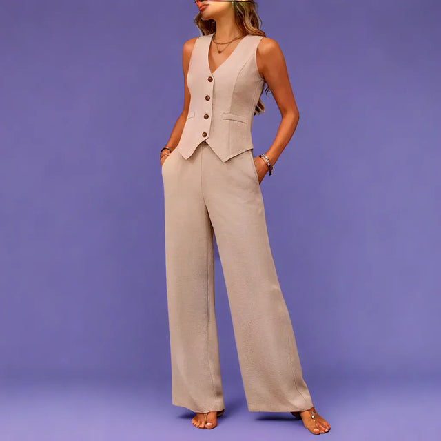 V-Neck Button Down Vest and Wide Leg Pants Set