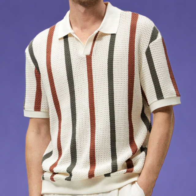 Striped Openwork Knitted Short Sleeve Lapel Polo Shirt